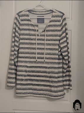 Women's Striped Knit Hoodie Pullover Kangaroo Pocket Blue White XL
